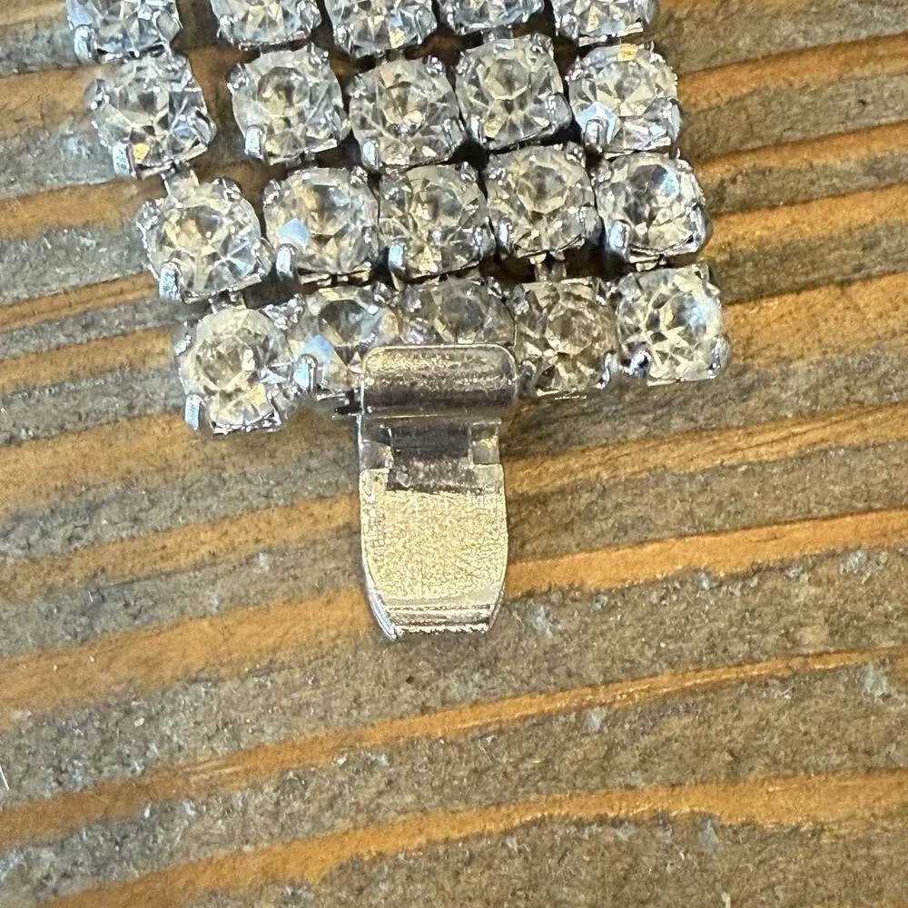 Vintage 5 Strand Clear Rhinestone 1” Wide 7” Bracelet Rhodium Plated